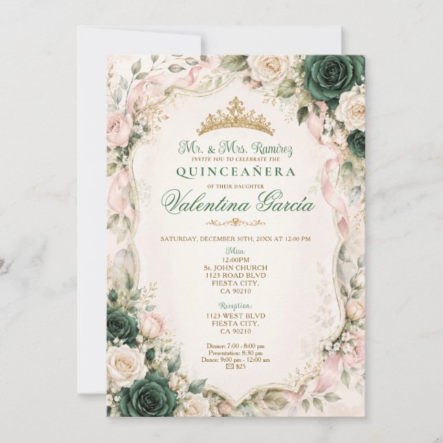 Convite de Quinceañera com Laço Floral Verde Esmer (Frente)