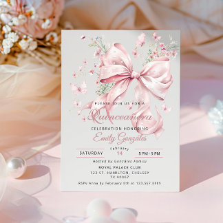 Convite de Quinceañera com Laço Rosa Elegante e Pé