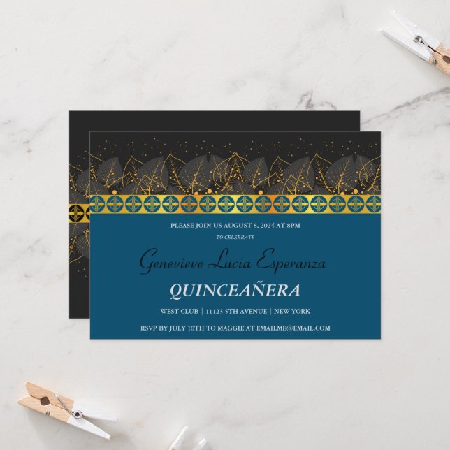 Convite de Quinceañera com Moldura Dourada Elegant (Frente/Verso In Situ)