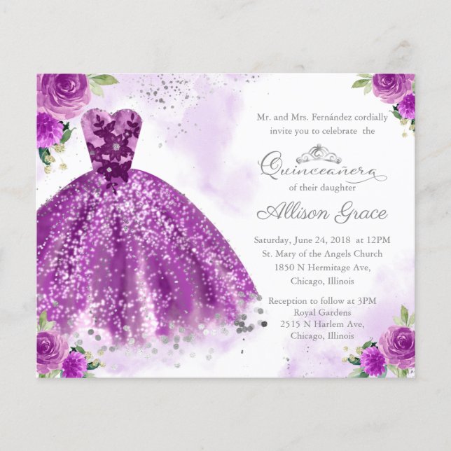 Convite de Quinceanera com Orçamento Gown Roxo Pra (Frente)