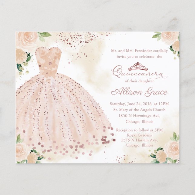 Convite de Quinceanera com Orçamento Rosa Dourado  (Frente)