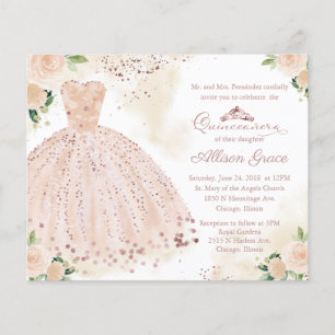 Convite de Quinceanera com Orçamento Rosa Dourado