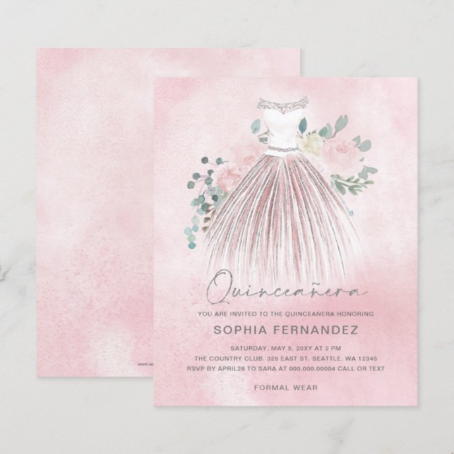 Convite de Quinceañera com purpurina dourada e ros (Frente/Verso)