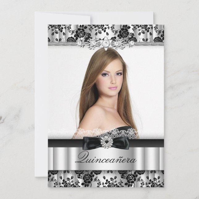 Convite de Quinceanera com Renda Prata e Preta (Frente)