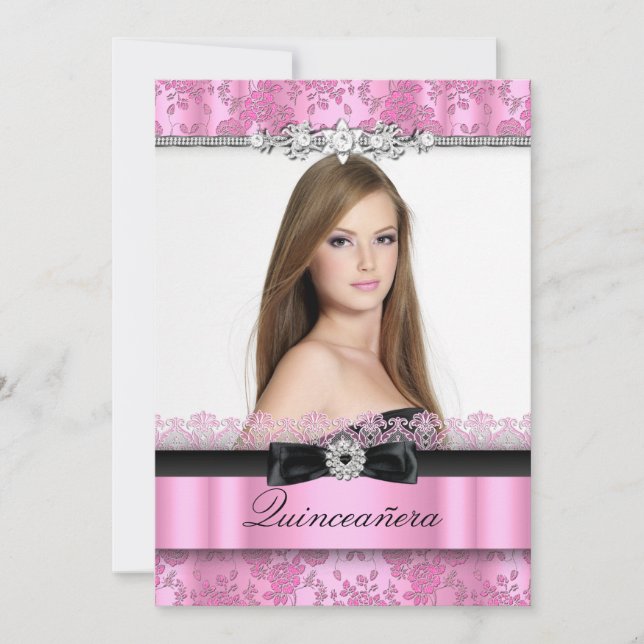 Convite de Quinceanera com Renda Rosa e Preta (Frente)