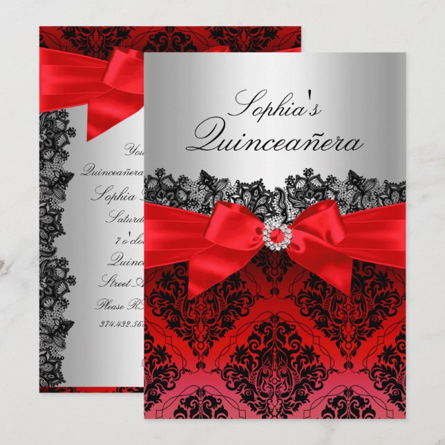Convite de Quinceanera com Renda Vermelha e Laço e (Frente/Verso)