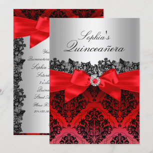 Convite de Quinceanera com Renda Vermelha e Laço e