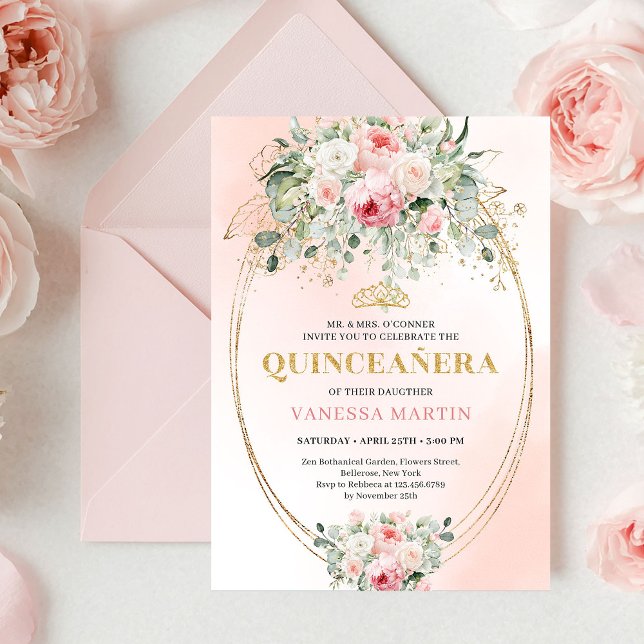 Convite de Quinceañera com Rosas e Folhagens Boho  (Boho Blush Roses Greenery Quinceañera Invitation

)
