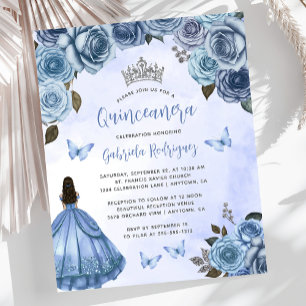 Convite de Quinceañera com Rosas Florais Azuis Eco