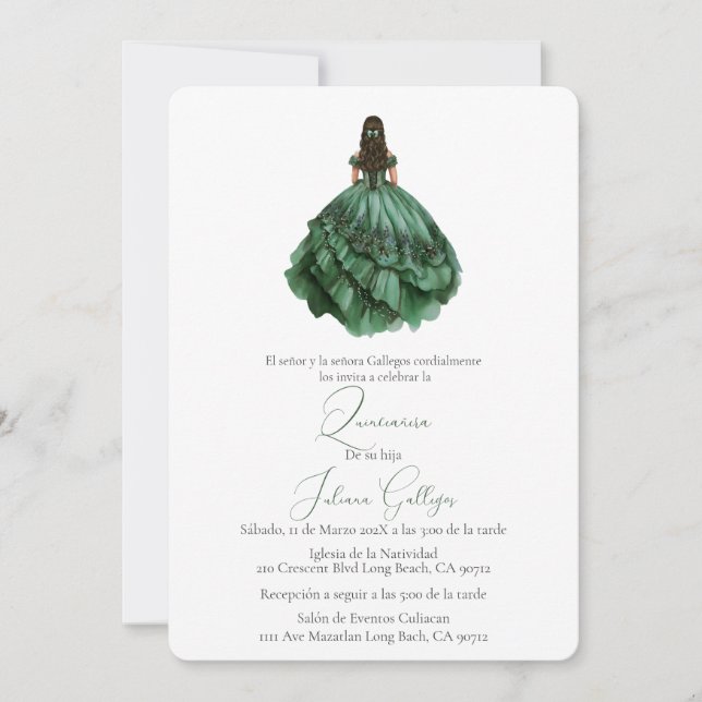 Convite de Quinceañera com silhueta verde (Frente)
