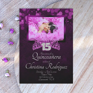 Convite de Quinceanera com Tiara Rosa e Roxo