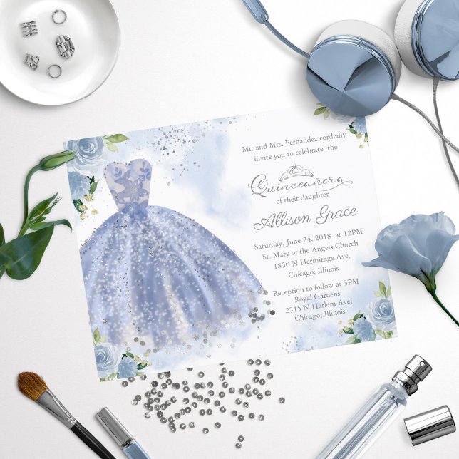 Convite de Quinceanera com Vestido Azul Prata Econ (Criador carregado)