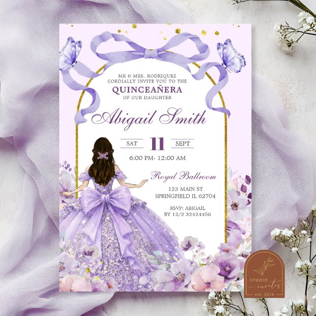 Convite de Quinceanera Coquete com Laço Roxo (Criador carregado)