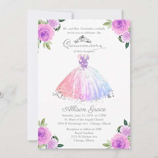 Convite de Quinceanera Cores Pastel Bilingue (Frente)