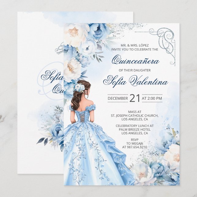 Convite de Quinceañera da Cinderela Azul Bebê (Frente/Verso)