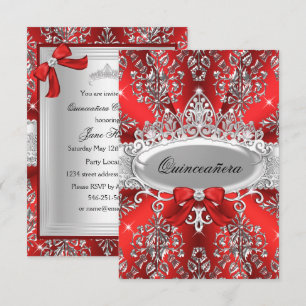 Convite de Quinceanera Damask Prata Vermelho Elega