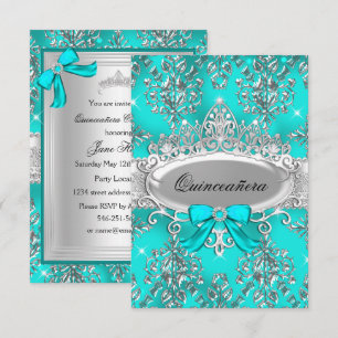 Convite de Quinceanera Damask Tiara Prata Verde