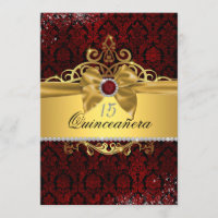 Convite de Quinceanera Damasko Vermelho Rubi Doura