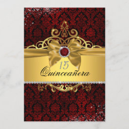 Convite de Quinceanera Damasko Vermelho Rubi Doura