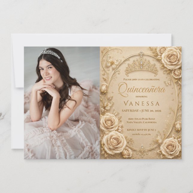 Convite de Quinceanera de Foto Bege e Dourado (Frente)