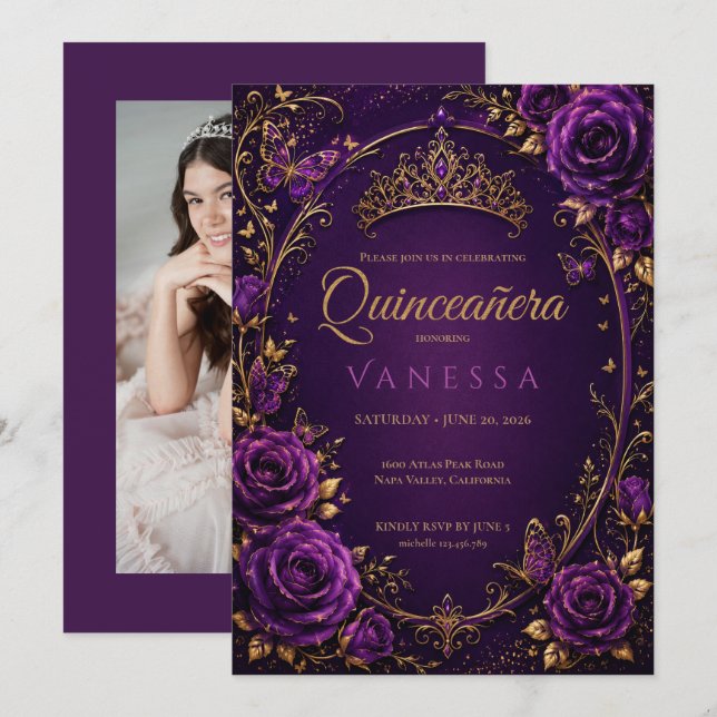 Convite de Quinceanera de Foto Roxa e Dourada (Frente/Verso)