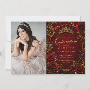 Convite de Quinceanera de Foto Vermelho e Dourado