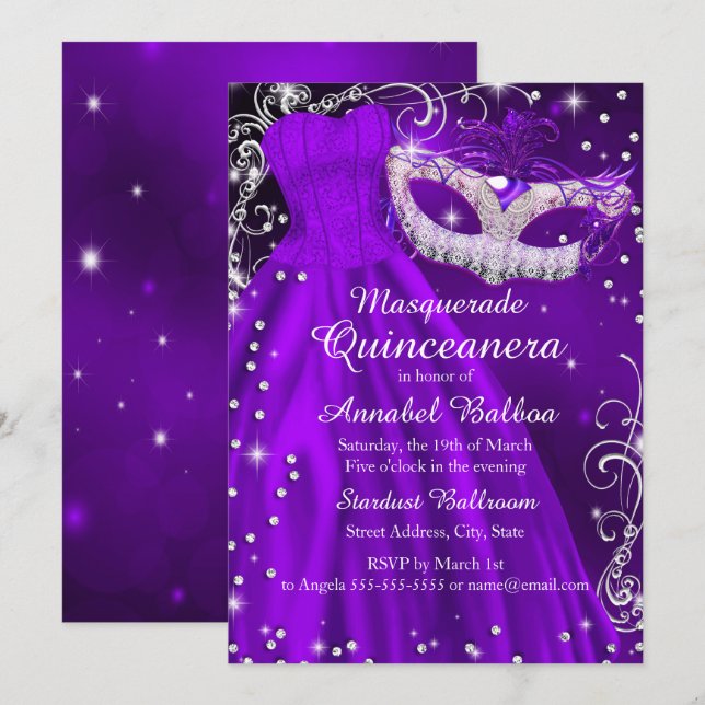 Convite de Quinceanera de Mascarada com Máscara Ro (Frente/Verso)