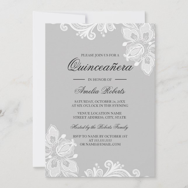 Convite de Quinceanera de renda cinza branco elega (Frente)