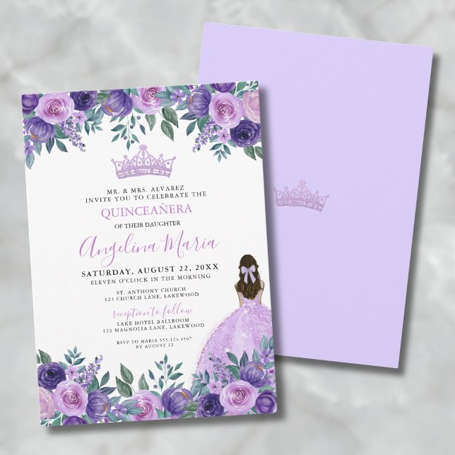 Convite de Quinceanera de Rosas Florais Roxas (Floral Purple Quinceanera Invitation)