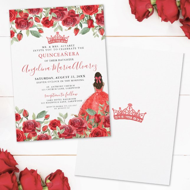 Convite de Quinceanera de Rosas Vermelhas em Aquar (Red Roses Floral Quinceanera Invitation)