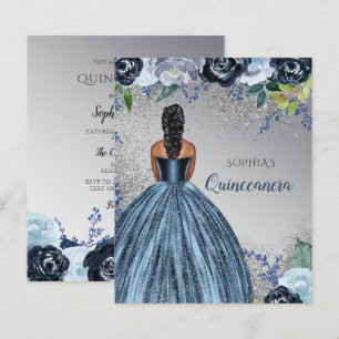 Convite de Quinceañera de vestido azul com brilho