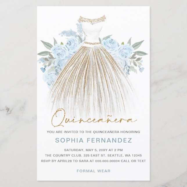 Convite de Quinceañera de vestido azul empoeirado  (Frente)