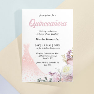 Convite de Quinceañera de Vestido e Floral Rosa