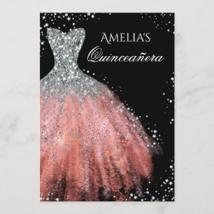 Convite de Quinceanera de vestido prateado brilhan
