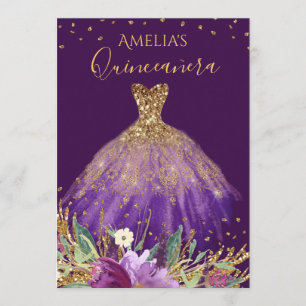 Convite de Quinceanera de Vestido Roxo Dourado de