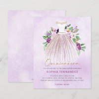 Convite de Quinceañera de vestido roxo dourado eco