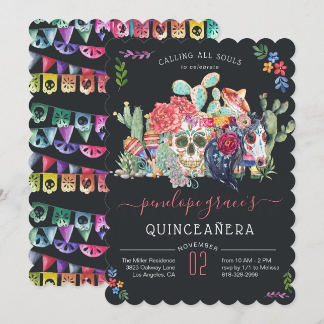 Convite de Quinceañera do Dia dos Mortos com Cavei (Frente/Verso)