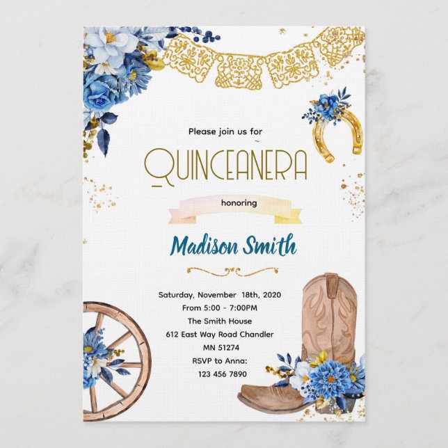 convite de Quinceañera do Oeste Selvagem com flor  (Frente)