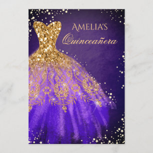 Convite De Quinceanera Dourada Roxo De Vestido