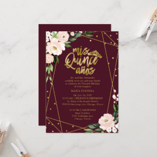 Convite de Quinceanera Dourado Burgundy Blush Flor