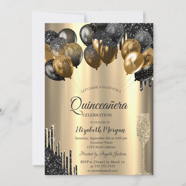 Convite de Quinceanera Dourado com Balões e Pingos (Frente)