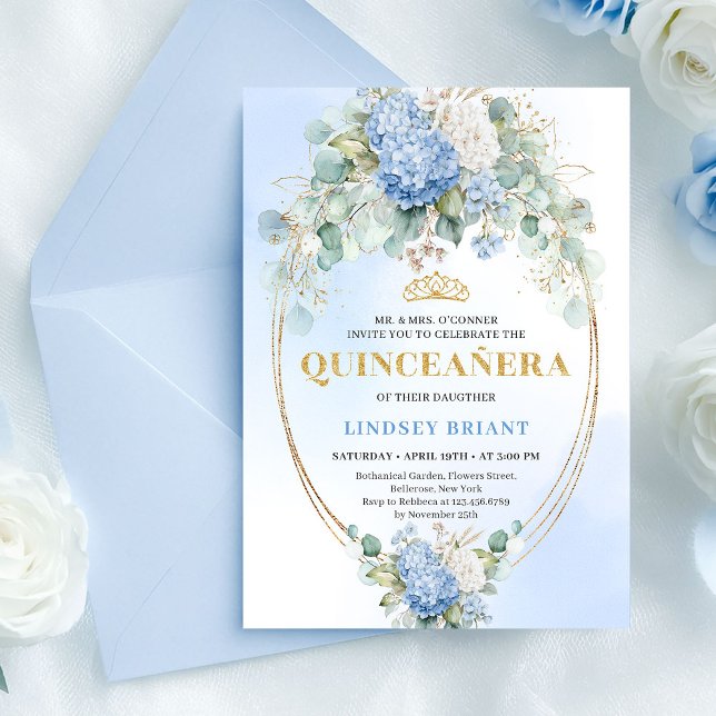 Convite de Quinceañera Dourado de Hortênsia Azul E (Elegant Blue Hydrangea Gold Quinceañera Invitation)
