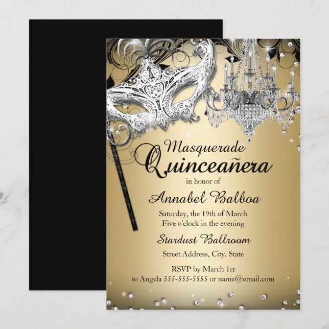Convite de Quinceanera Dourado Máscara Lustre (Frente/Verso)