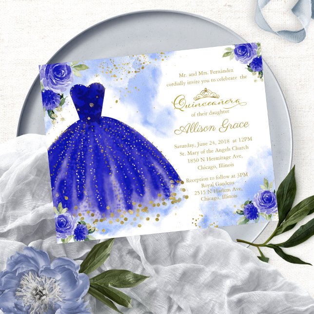 Convite de Quinceanera Econômico Bilíngue Azul Rea (Criador carregado)