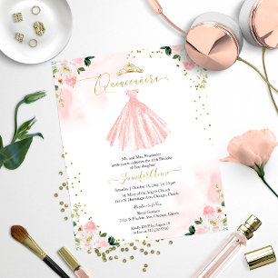 Convite de Quinceanera Econômico Vestido Floral Bl