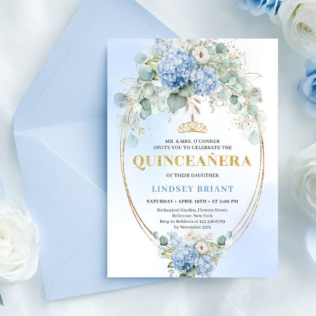 Convite de Quinceañera Elegante Boho Azul com Hort (Elegant Boho Blue Hydrangeas Quinceañera Invite)