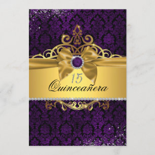 Convite de Quinceanera Elegante Dourado Roxo Damas