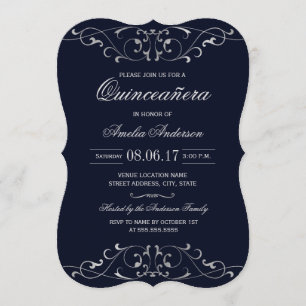 Convite de Quinceanera Elegante em Prata e Azul Ma