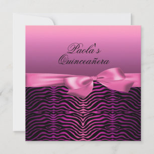 Convite de Quinceañera Elegante Preto e Rosa Zebra