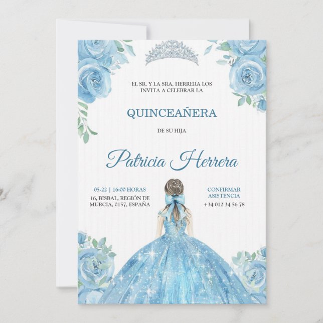 Convite de quinceanera elegante tema floral azul (Frente)